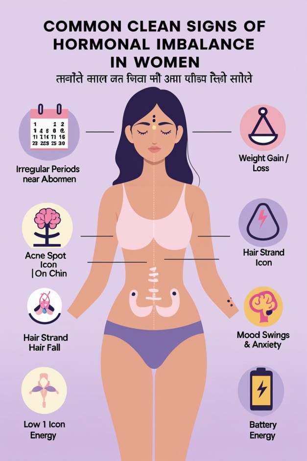 Infographic of hormonal imbalance signs in women with icons and Indian female illustration