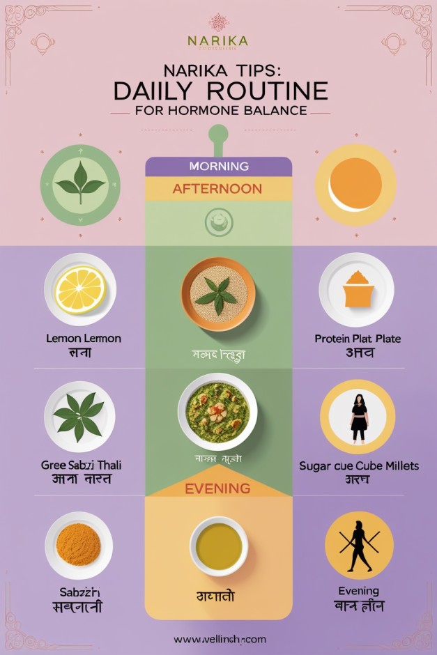 "Infographic showing daily routine tips for hormone balance in Indian women – morning to evening"